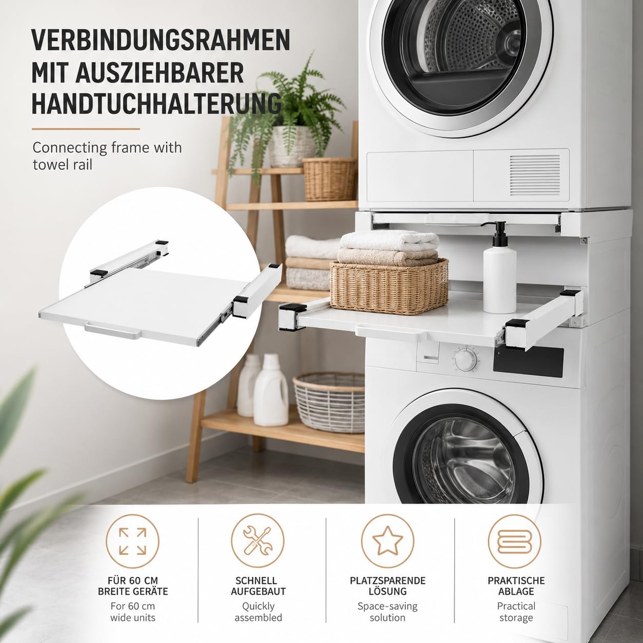 Easy Act Zwischenbaurahmen mit Ausziehplatte 60x60 cm, Waschmaschinen Trockner Verbindungsrahmen aus Stahl, Universal Zwischenbausatz mit Ablage bis 150 kg, Weiß