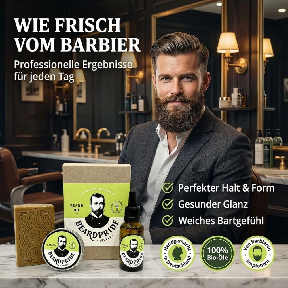 Beardpride® Bartpflege Set für Männer | Bartöl + Bartbalsam + Bartseife | Das perfekte Herren Geschenk Set für Bart und Haut | Handgefertigt aus 100% kaltgepressten Bio Ölen | Von Barbieren empfohlen