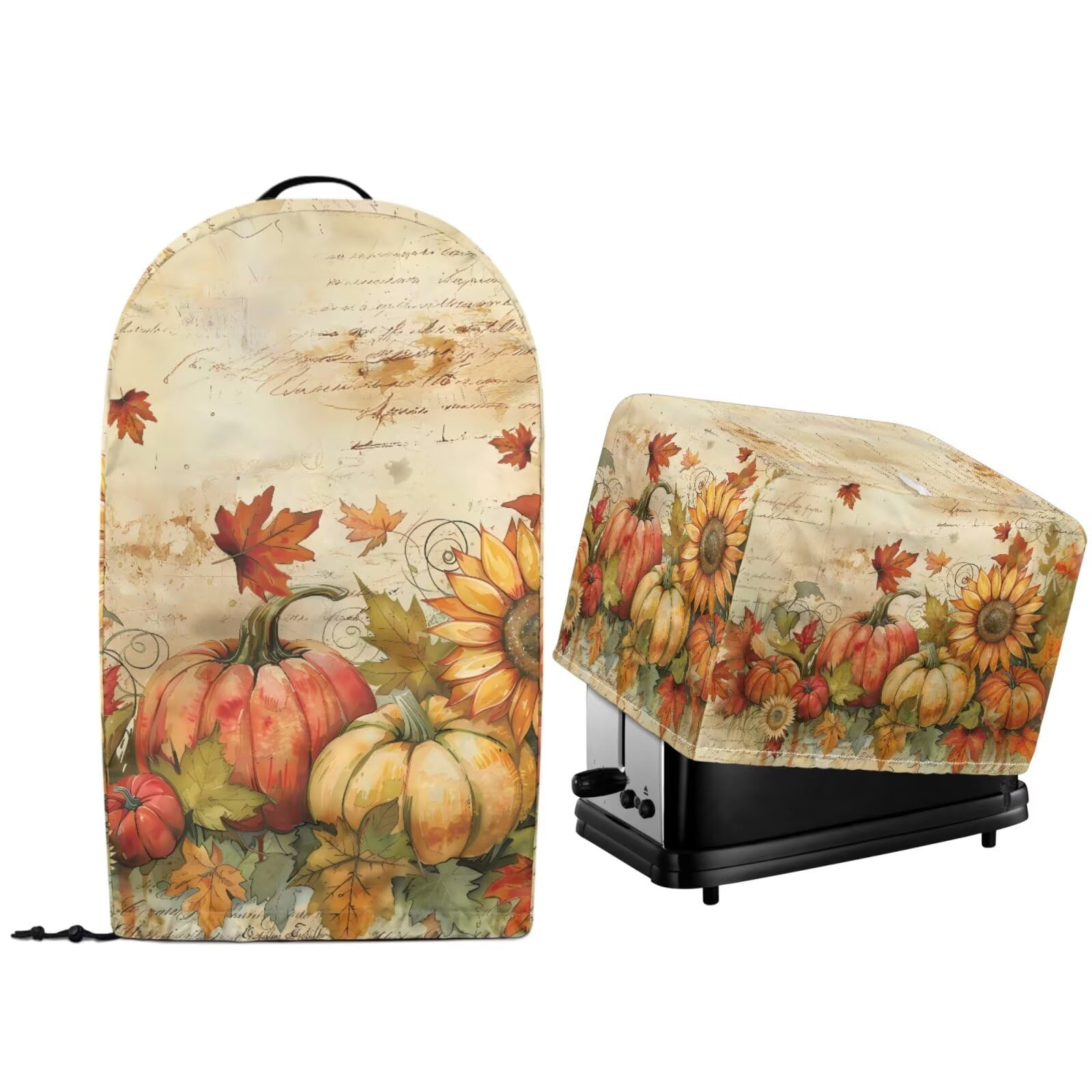 Thanksgiving Day Decor 2 Pcs Kitchen Countertop Stand Mixer Blender and Toaster Maker Oven Protector Cover with Drawstring Hem, Fall Maple Leaf Pumpkins Retro