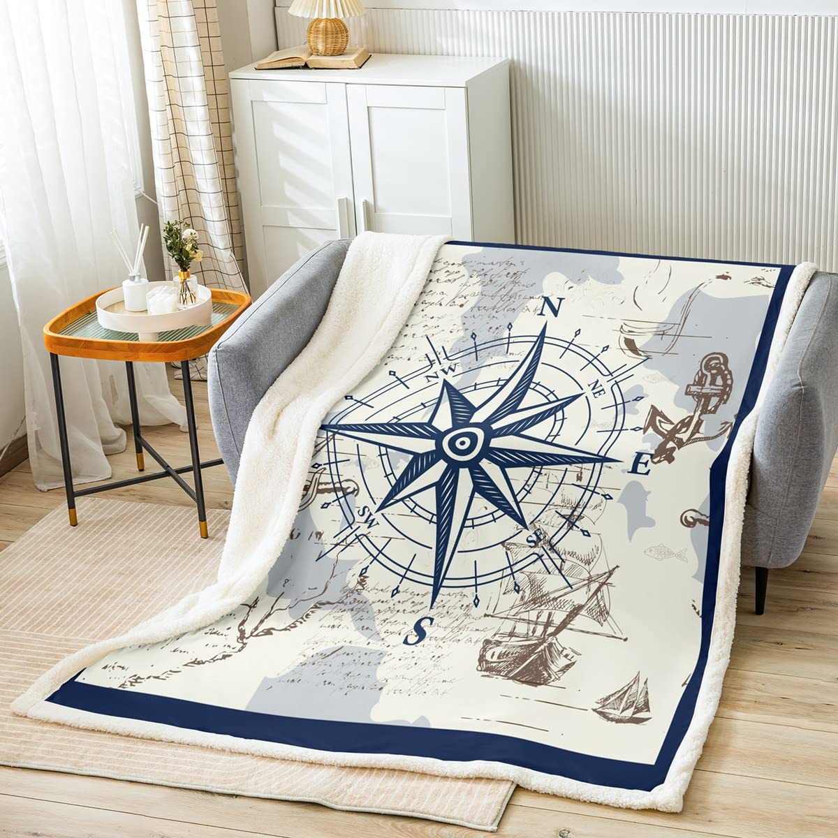 Kids Nautical Fleece Throw Blanket Queen 90"x90" Compass Pattern Sherpa Blanket for Bed Sofa Couch Toddler Decor Ocean Themed Plush Blanket Marina