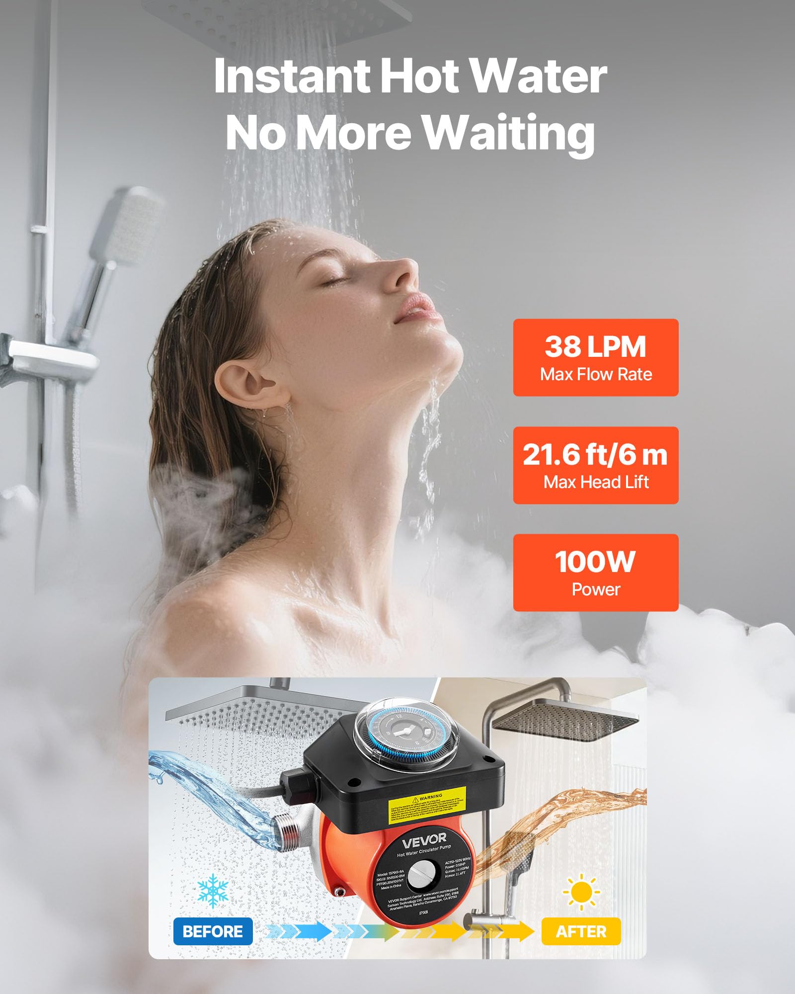 VEVOR Pompa di Ricircolo dell'Acqua Calda 38 L/min 100 W 220-240 V G3/4 G1/2