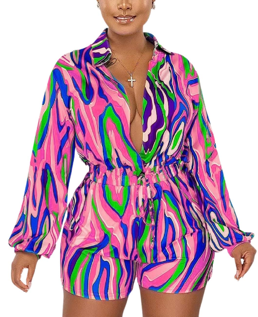 Glozeplus Women Sexy One Piece Deep V Neck Printed Shorts Jumpsuit Long Sleeve High Waist Elastic Romper Clubwear Outfits
