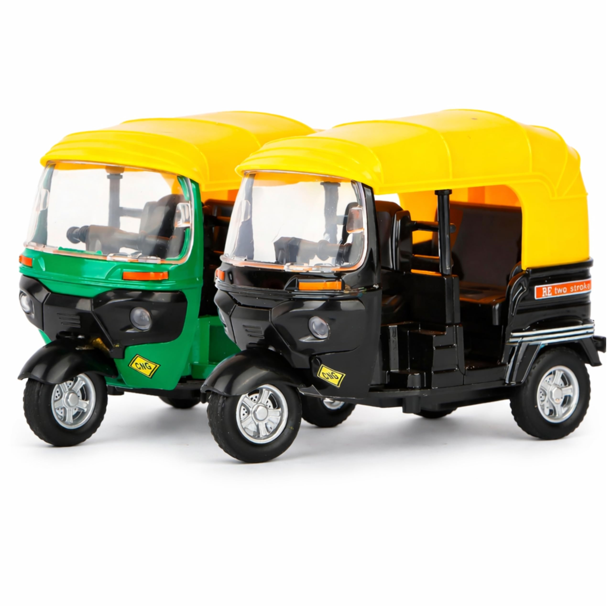 Metal Auto Rickshaw Toy Vehicle – 1:14 Scale Miniature Tuk Tuk with Pull Back Action | Die-Cast Indian Rickshaw Model | Durable Plastic Body – Multicolor Toy (Color May Vary)