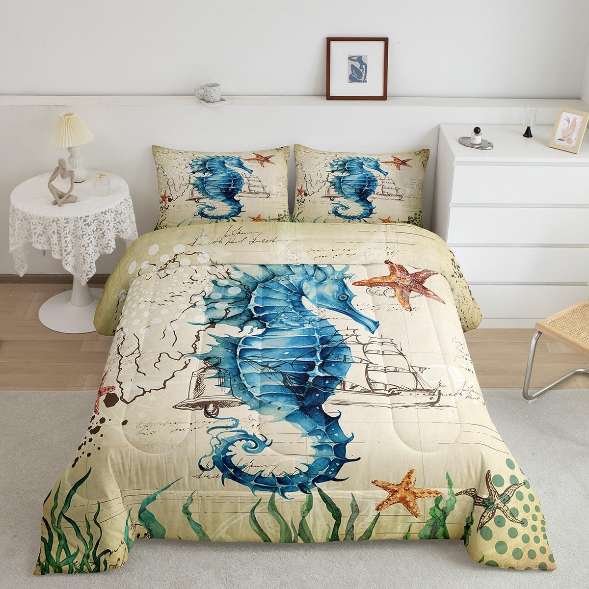 Erosebridal Ocean Bedding Set Full Size,Nautical Retro Sailboat Comforter Set Aquarium Coastal Creature Duvet Insert Vintage Marine Life Quilted Duvet Tropical Hawaii Beach Bedroom Decor