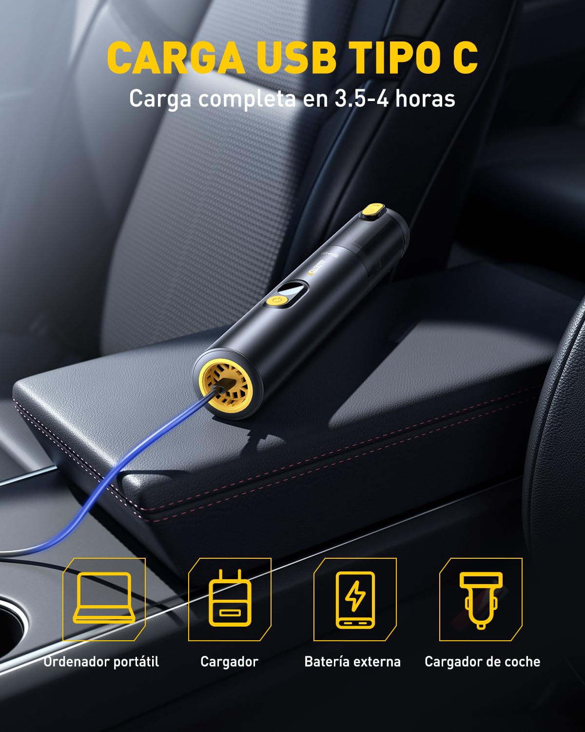 AUXITO Aspirador de Mano - Aspirador Coche de 24000 Pa, Autonomía de 30 Minutos,4 en 1, Recargable, Portátil y Ligero, Mini Aspiradora Potente para Coche, Hogar, Oficina y Pelo de Mascotas(Prieto) | Aspirador de coche inalámbrico, carga USB-C, aspiradora