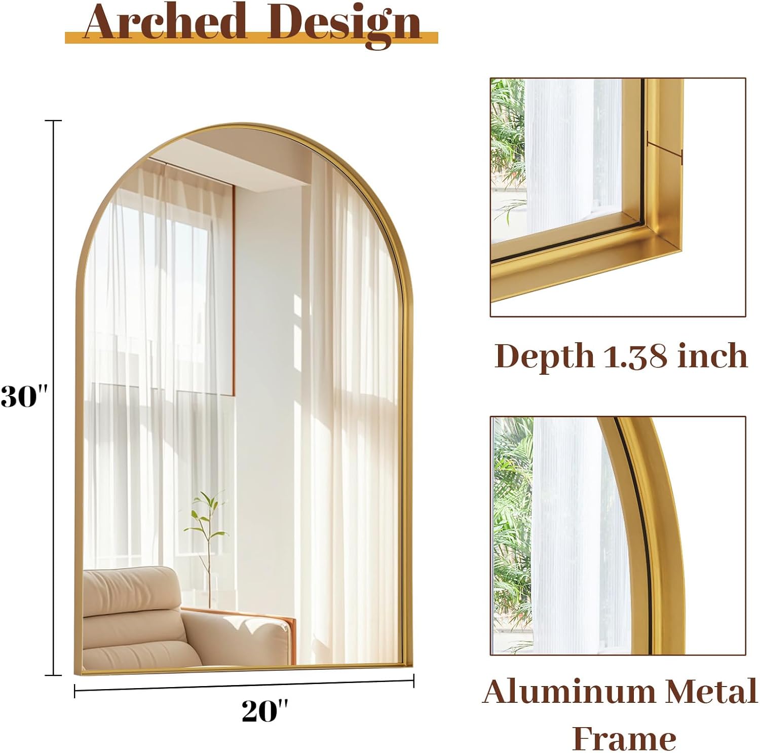 20 x 30 Luxury Arched Bathroom Mirror - Arch Wall Mirror with Shatterproof Tempered Glass and Metal Deep Frame, Hanging or Leaning for Living Room, Dresser, Entrance and Hallway, Gold