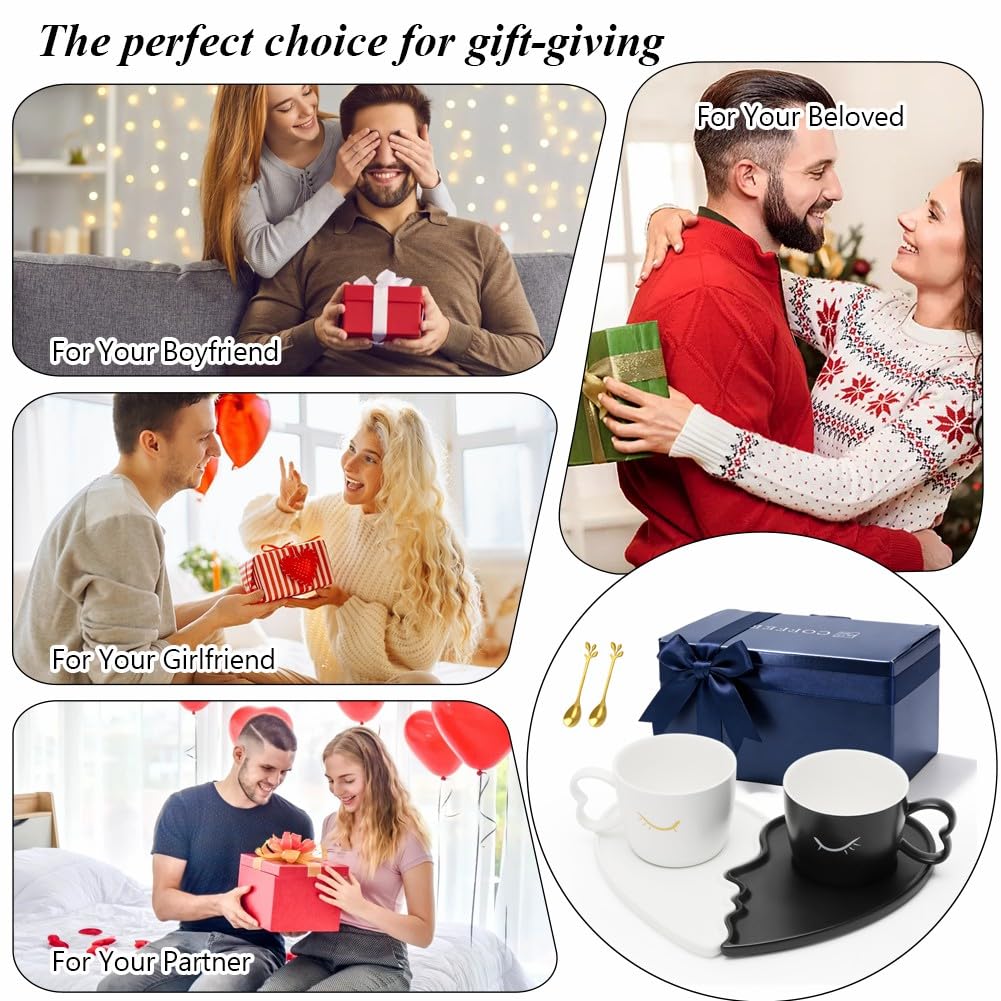 Yuraigm - Set di 2 tazze da caffè in ceramica con piattino, per coppie, matrimonio, fidanzamento, anniversario, regalo divertente per San Valentino