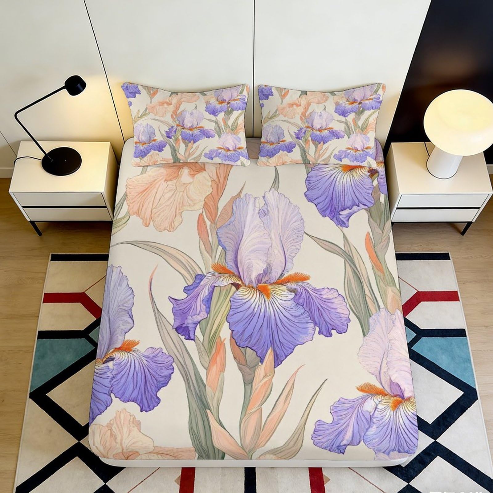 3D Printed Iris Floral Fitted Sheet Microfiber Soft Purple Orange Botanical Bed Cover for Bedroom Dorm Decor 90x200x25cm