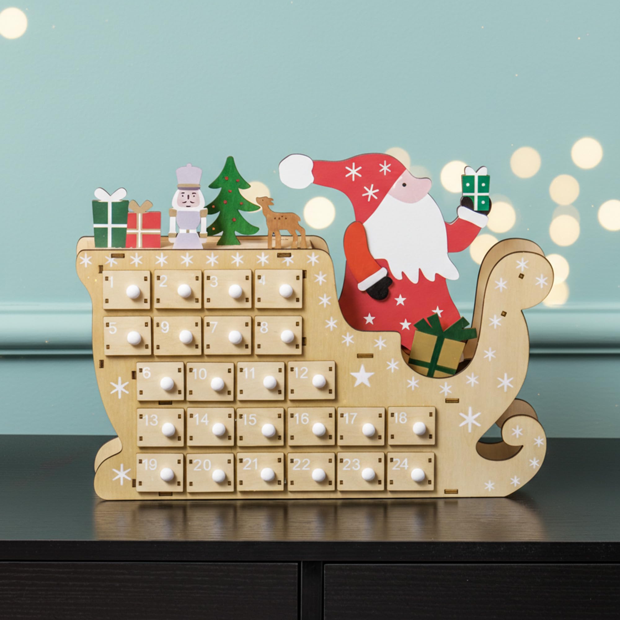HOMCOM Calendario de Adviento de Madera con 24 Cajones 22,5x8x36cm Natural | Calendario de Adviento de Navidad Reutilizable, Decorado con Papá Noel en Trineo, Decoración Navideña para Rellenar