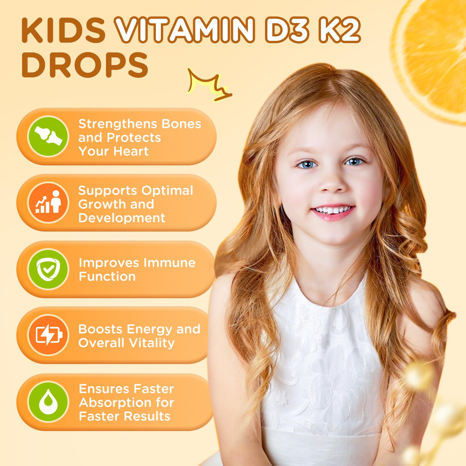 Vitamin D3 K2 Drops for Kids Liquid Supplement with Calcium, Omega 3, Zinc, Vitamin D3 K2 for Calcium Absorption Healthy Bones, Brain Development & Immune System, Non-GMO, Vegan, Orange Flavor 2 Fl Oz — Amazon image 4