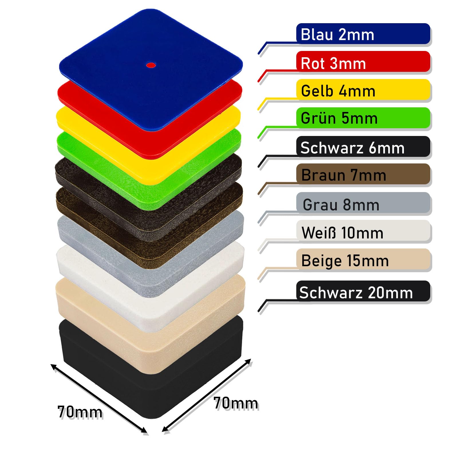 160 x Kunststoff Unterlegplatten 70 x 70 x 2-20 mm Montage Abstandhalter Distanzklotz Plättchen Mix in praktischer wiederverwendbarer Box mit Deckel und Clips