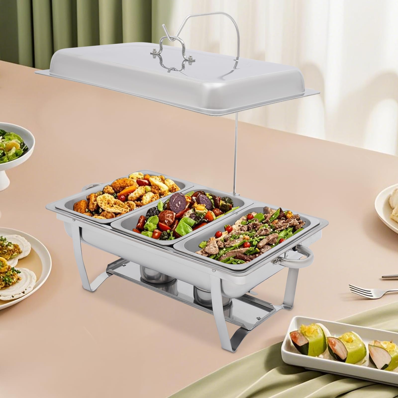 Catering-Wärmer Edelstahl 3x3L mit Brennpaste-Halter – Warmhaltebehälter Buffet für Party & Hochzeit mit Deckel & Griffen – Gastro Speisewärmer