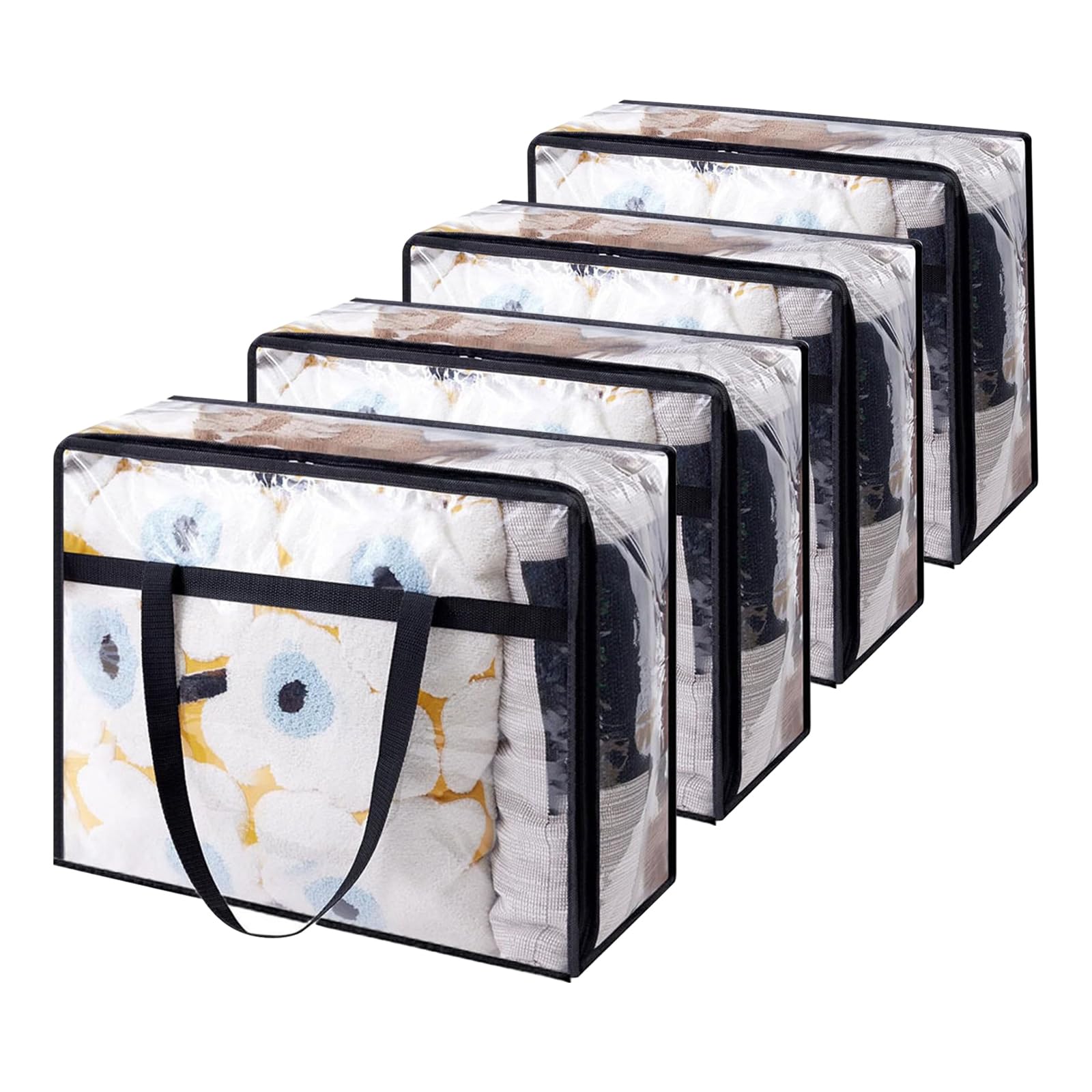 MEETOZ 4 Pack Clear Plastic Storage Bags, 40L Foldable Clothes Storage Boxes, Wardrobe Organizer Moving Bags with Reinforced Handle for Loft Wardrobe for Bedding Clothes
