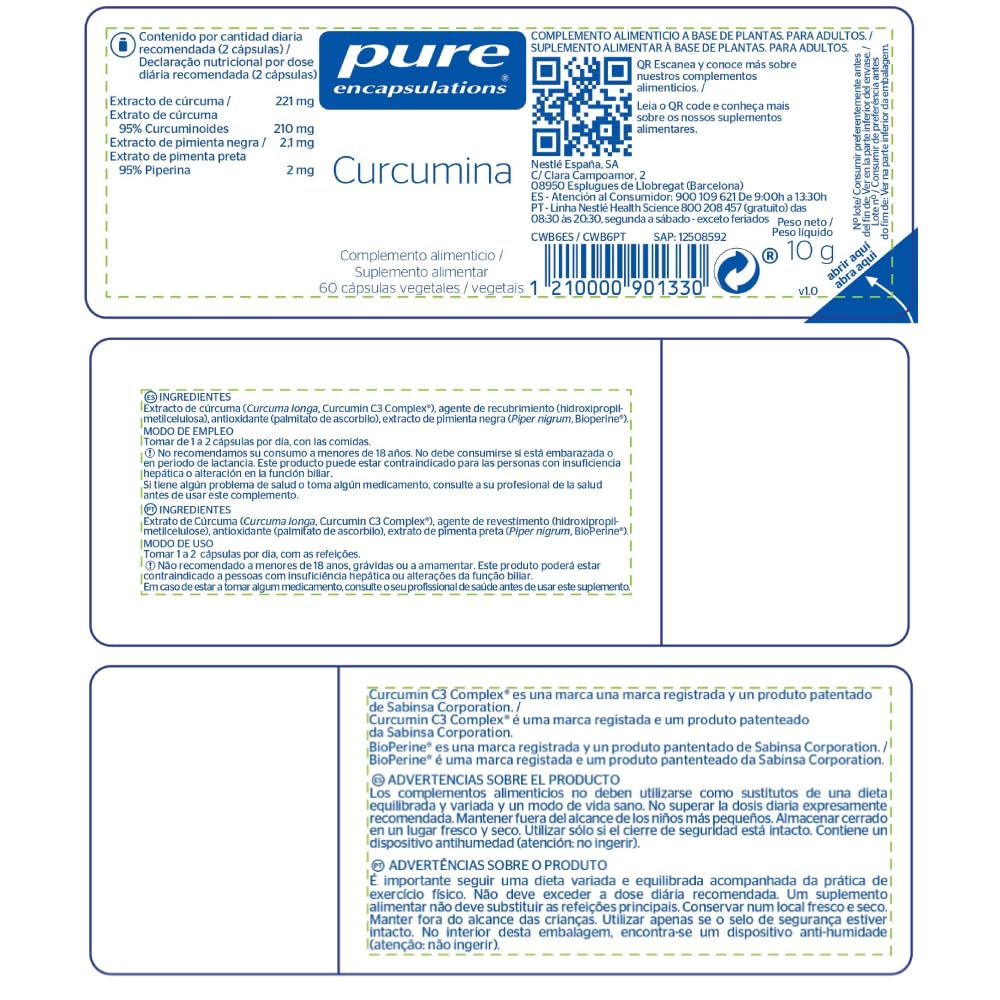 PURE ENCAPSULATIONS Curcumina, Contiene Curcumina patentada con Bioperine®, 60 Cápsulas Vegetales