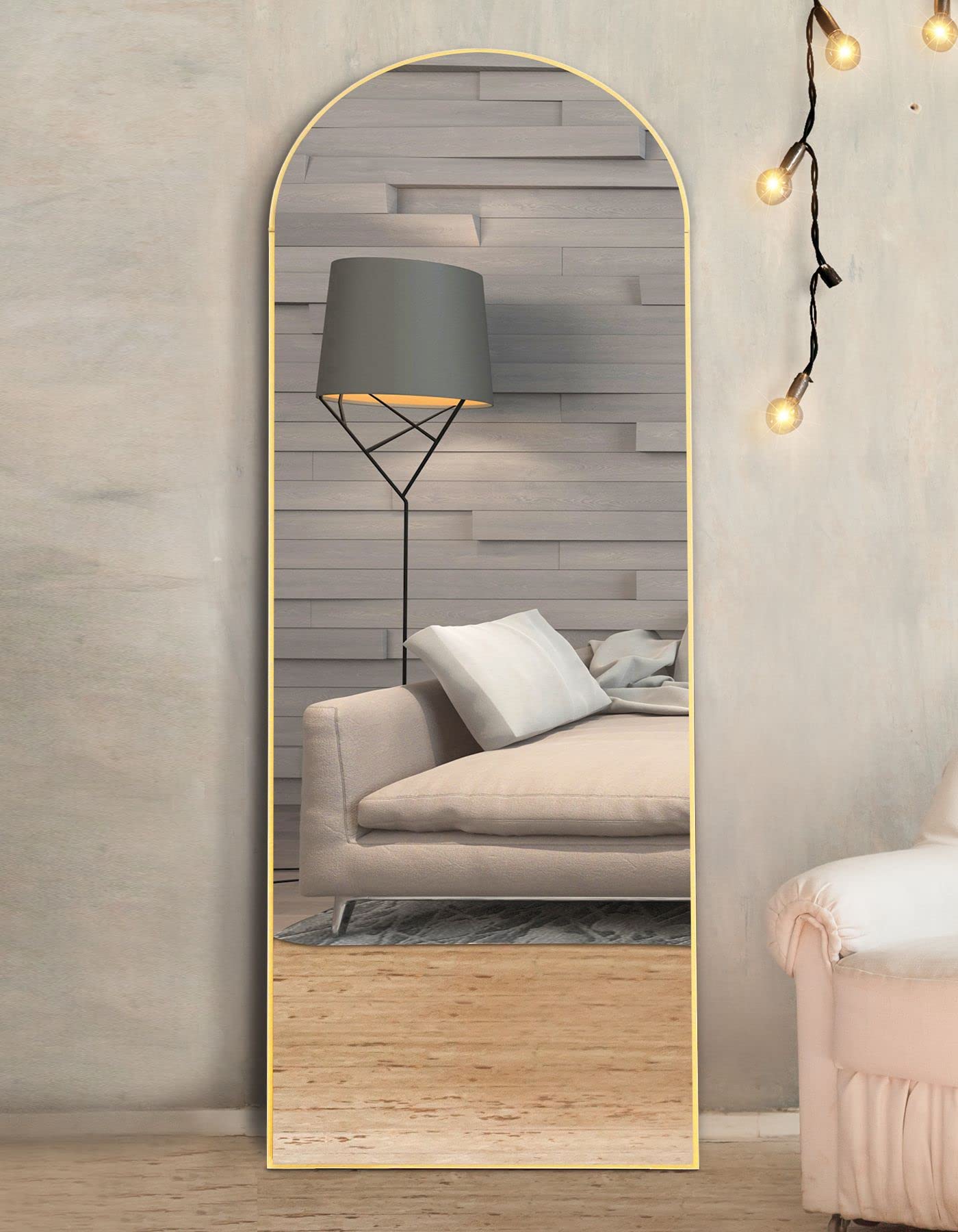 Sollertia Full Length Mirror Arched Standing Mirror Full Length, Wood Frame Arched Mirror Full Length Mirror with Stand Full Body Mirror, 64" x 21", Gold