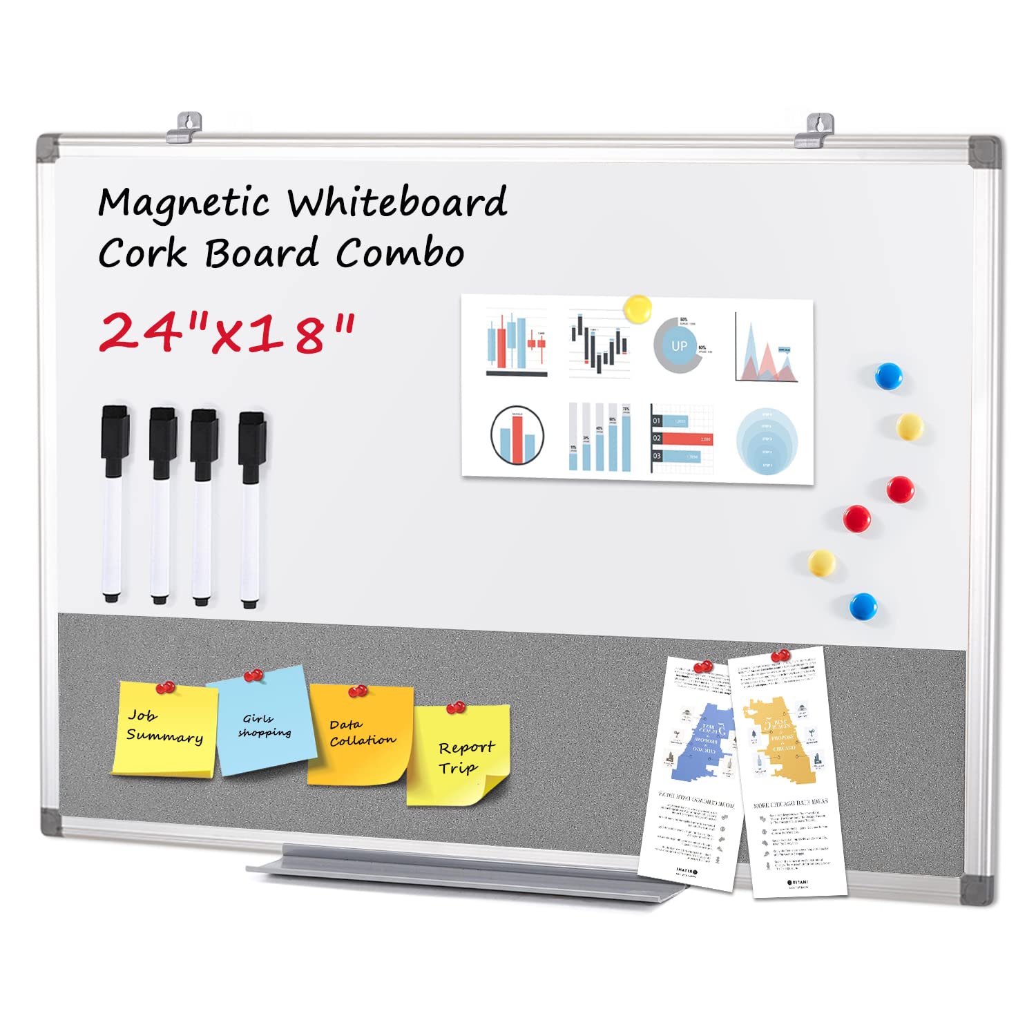 Swansea Magnetic Whiteboard 2 in 1 Combo Gray Pin Noticeboard with Dry Erase Marker + 6 Pushpins, 60x45cm