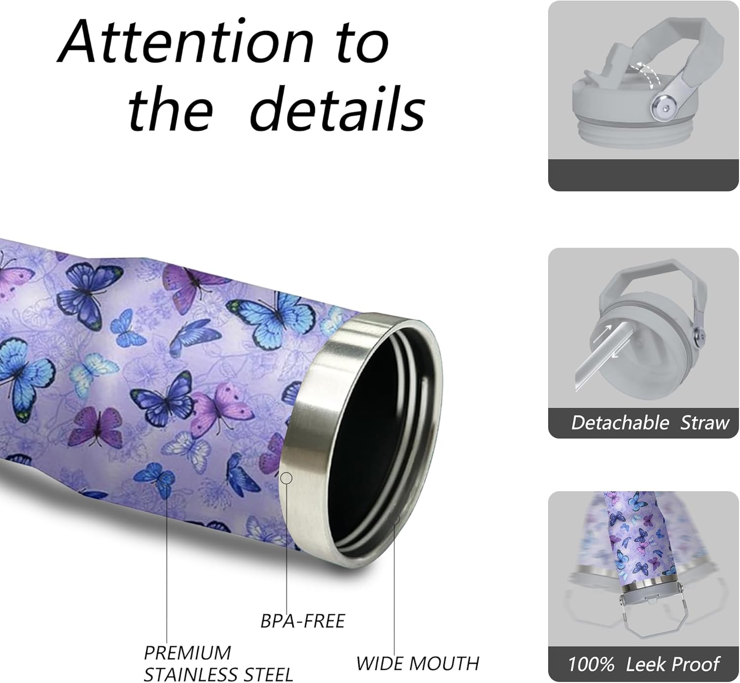 30 oz Purple Butterfly Tumbler with Handle and Filp Straw, Stainless Steel Cup with Lid and Straw, Travel Coffee Mug Insulated Water Bottle,Christmas Birthday Mothers Day Gifts for Women Animal Lovers - Image 3