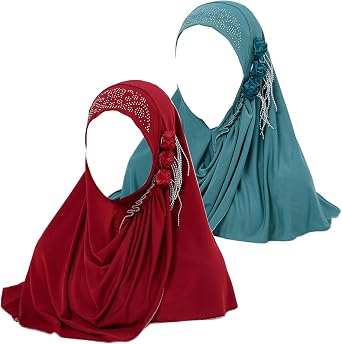 Qianmome 2 Pieces Rhinestone Flower Hijab Hats Casual Lightweight Head Scarf Ramadan Head Wraps Elastic Turbans for Women