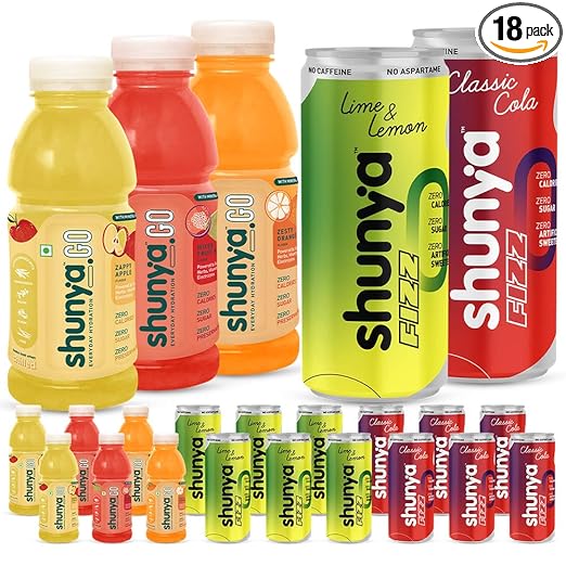 Shunya Go + Fizz Combo | Sugar Free Flavoured Drink | Soft Drink| Immunity-Boosting | 0 Calories & 0 Preservatives | Everyday Hydration  Vitamins &Minerals 300ml- (Pack of 18)