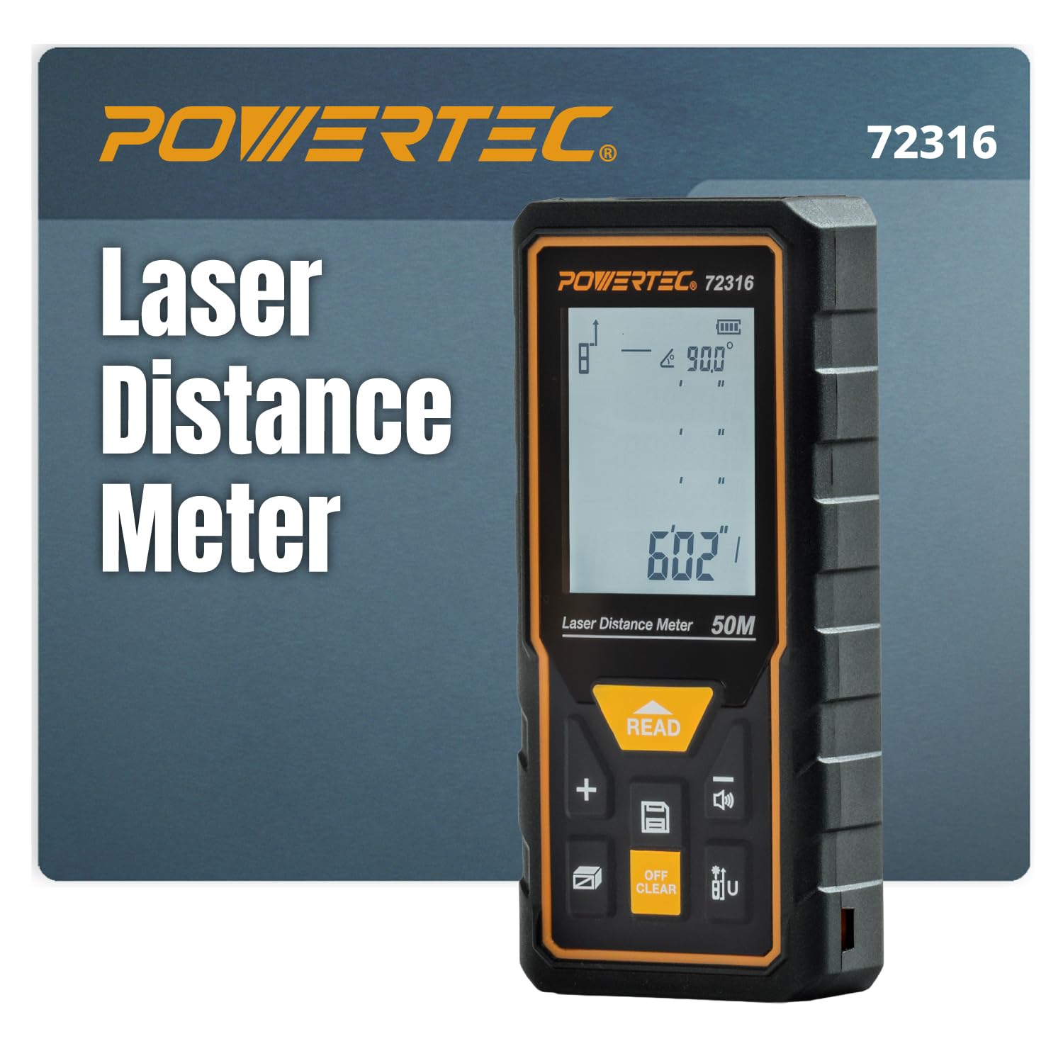 POWERTEC Laser Measure 165 ft (50 m) Digital Distance Meter with Angle Sensor, Backlit LCD, Area/Volume/Pythagorean Modes, Continuous Measurement, Memory, Batteries Included (72316)