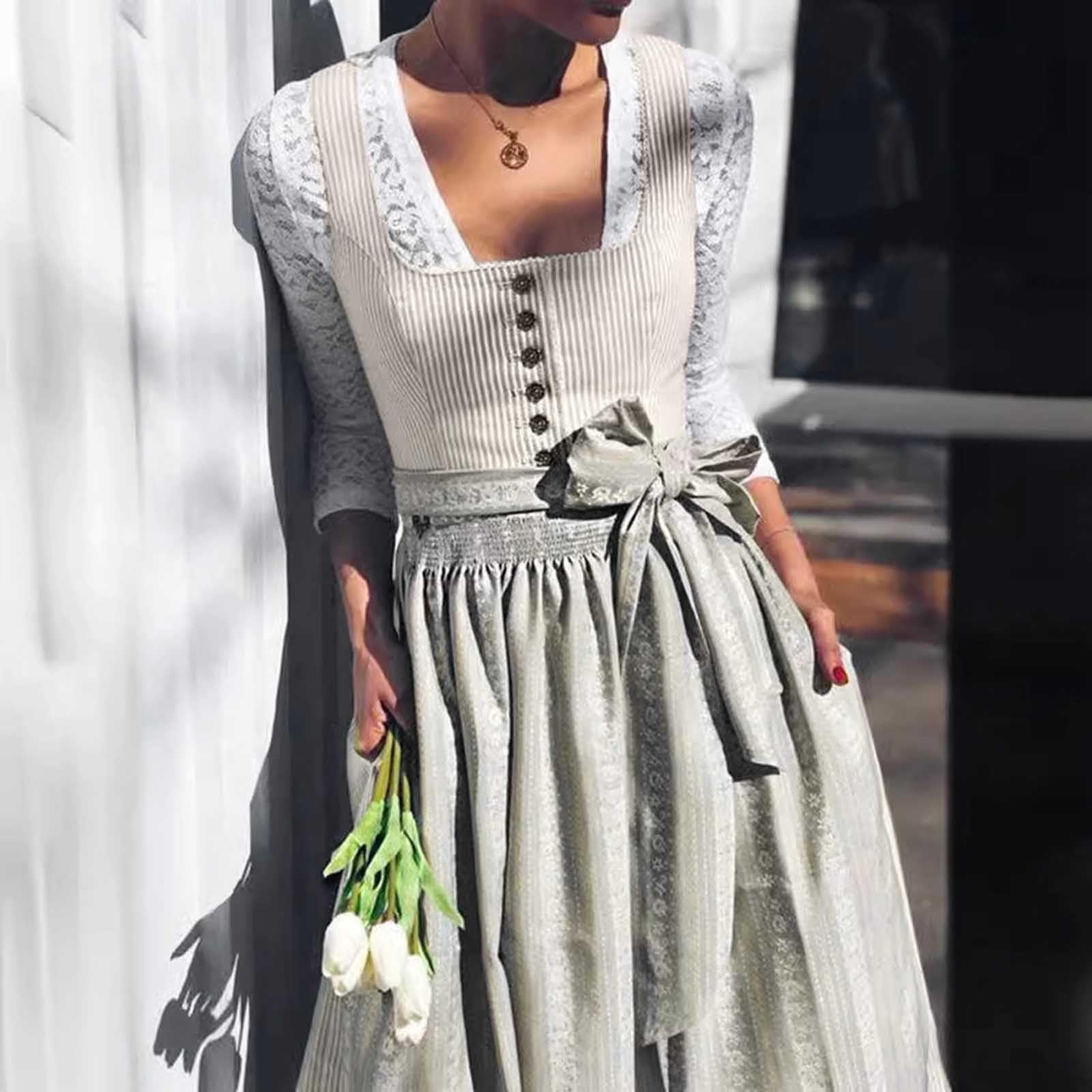 Dirndl-Komplettsets Übergröße Trachtenkleid Dirndel Elegant Lang Trachten Dirndl Mit Bluse Spitze Trachtenrock Schlicht Midi Trachtenbluse Reissverschluss Vorne Schürze Dress Modern Oktoberfest