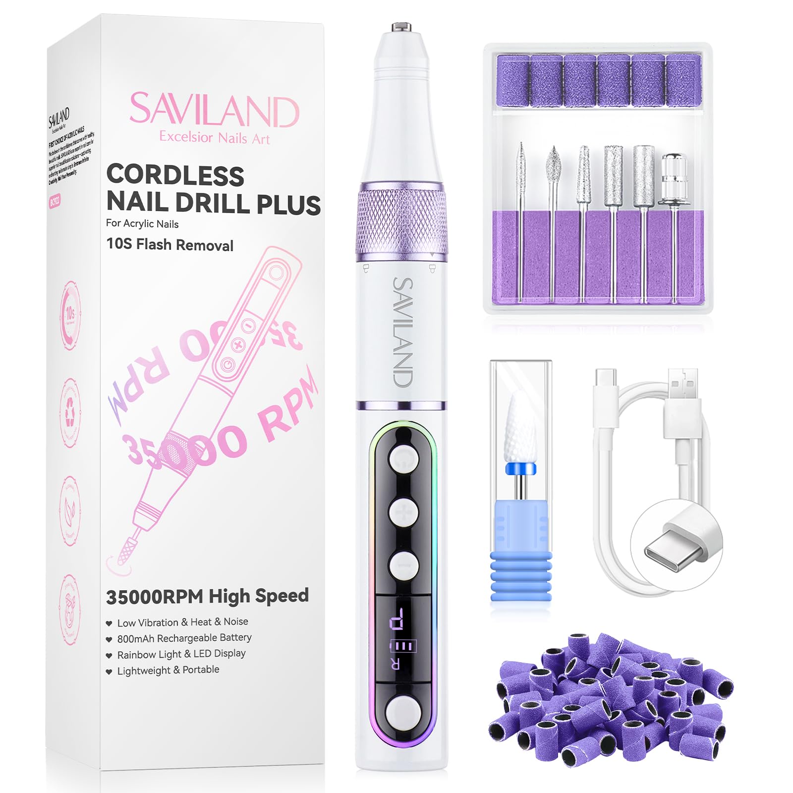 SAVILAND Nagelfräser Kabellos Tragbar für Gelnägel: 35000 u/min Fräser für Gelnägel, Professionell Elektrische Nagelfeile für Gelnägel Maniküre Pediküre Set Elektrisch für Semi Permanent & Acrylnägel