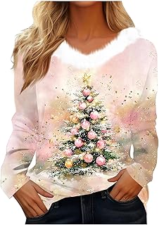 ANHATUIV Christmas Jumpers for Women UK Womens Christmas Tops Elegant Furry Trim V Neck Long Sleeve Shirts Christmas Tree Graphic Tees Tunic Blouse Ladies Xmas Sweatshirts Holiday Tshirts