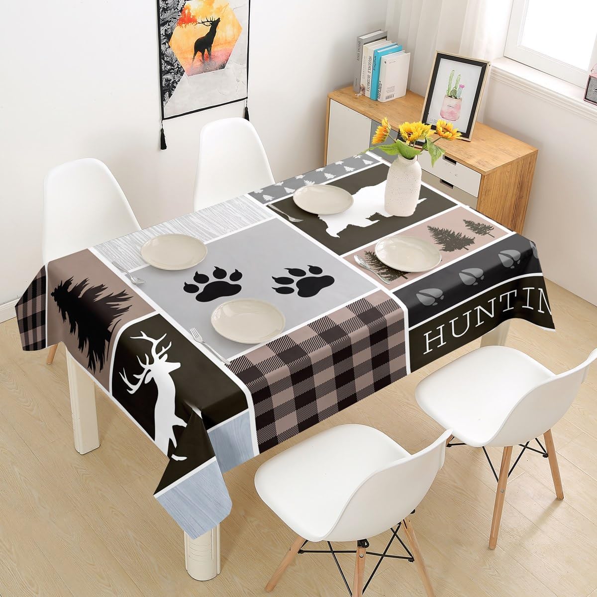 Manfei Rustic Cabin Tablecloths Deer Bear Trees Plaid Patchwork Table