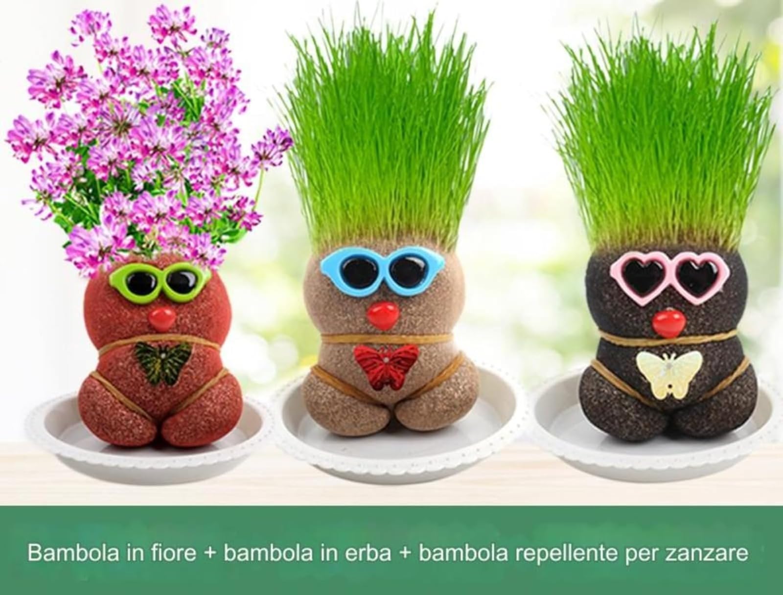 Mini Bonsaï Répulsif pour Moustiques Plante Poupée Tête d'Herbe avec Plateau 3 Pièces