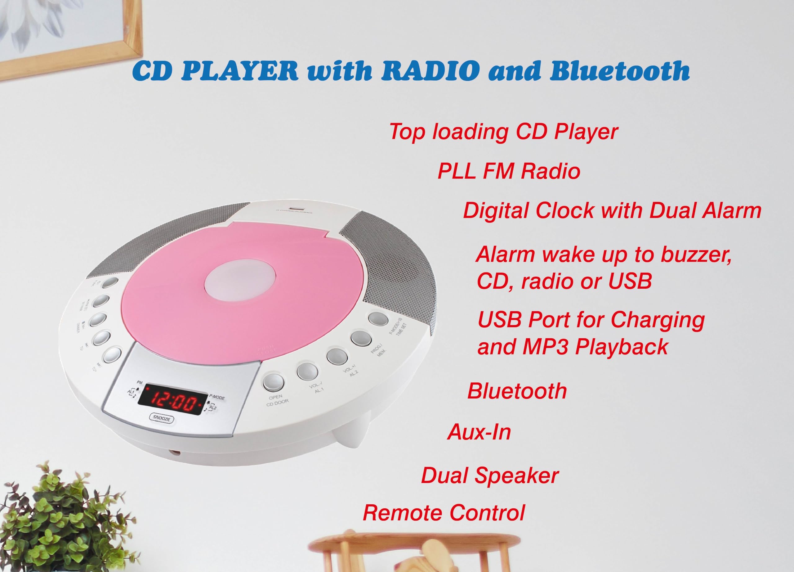 HANNLOMAX HX-330CD CD Player, FM Radio, Bluetooth, Alarm Clock, Red LED Display, USB Port for Charging and MP3 Playback, Aux-in, Remote Control Included, AC Operation only. (Pink)