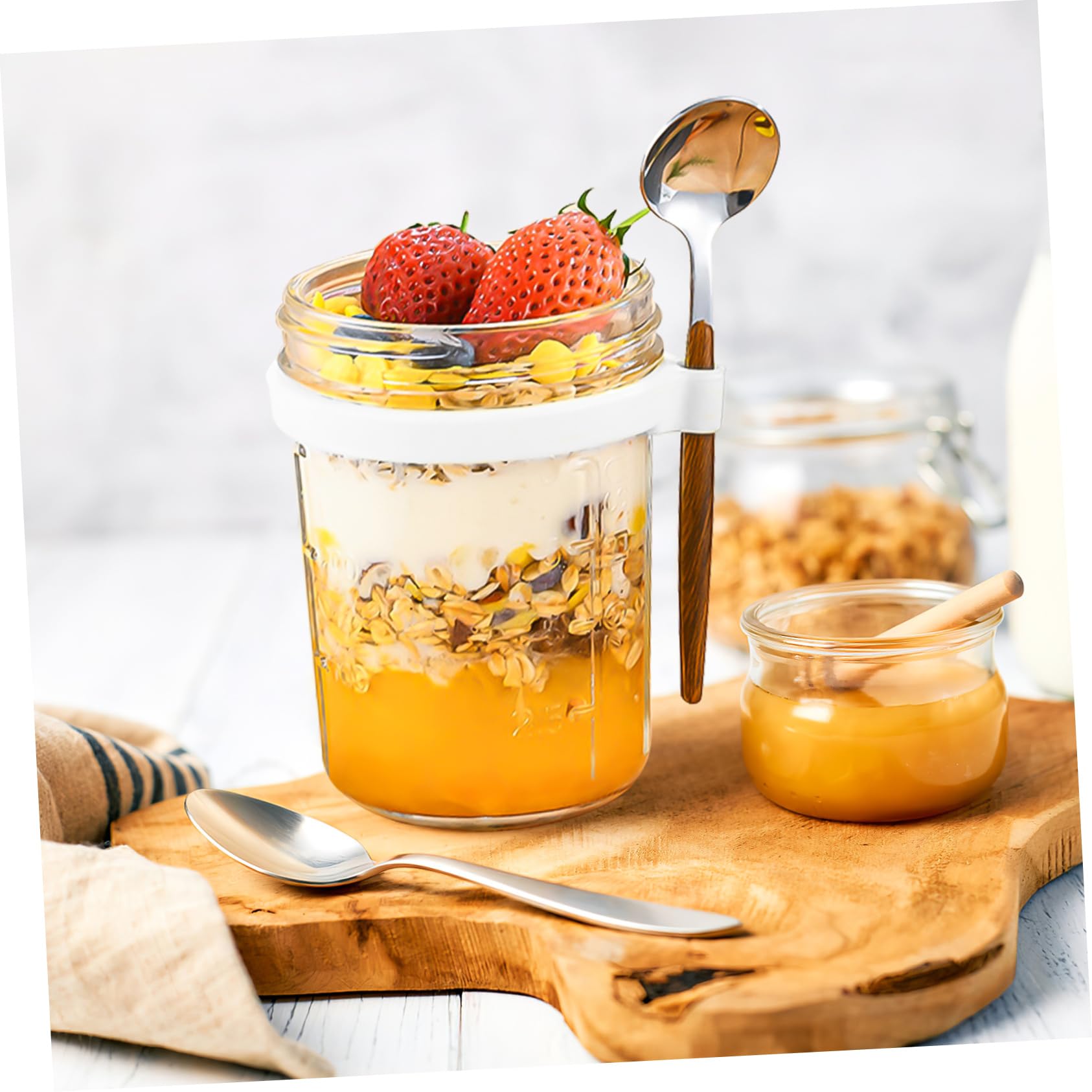 Cabilock Tarros Mason de 400ml con Tapa y Cuchara, 4 Piezas | Vidrio y Silicona, Cierre Hermético a Prueba de Fugas, Uso en Oficina y Dormitorio