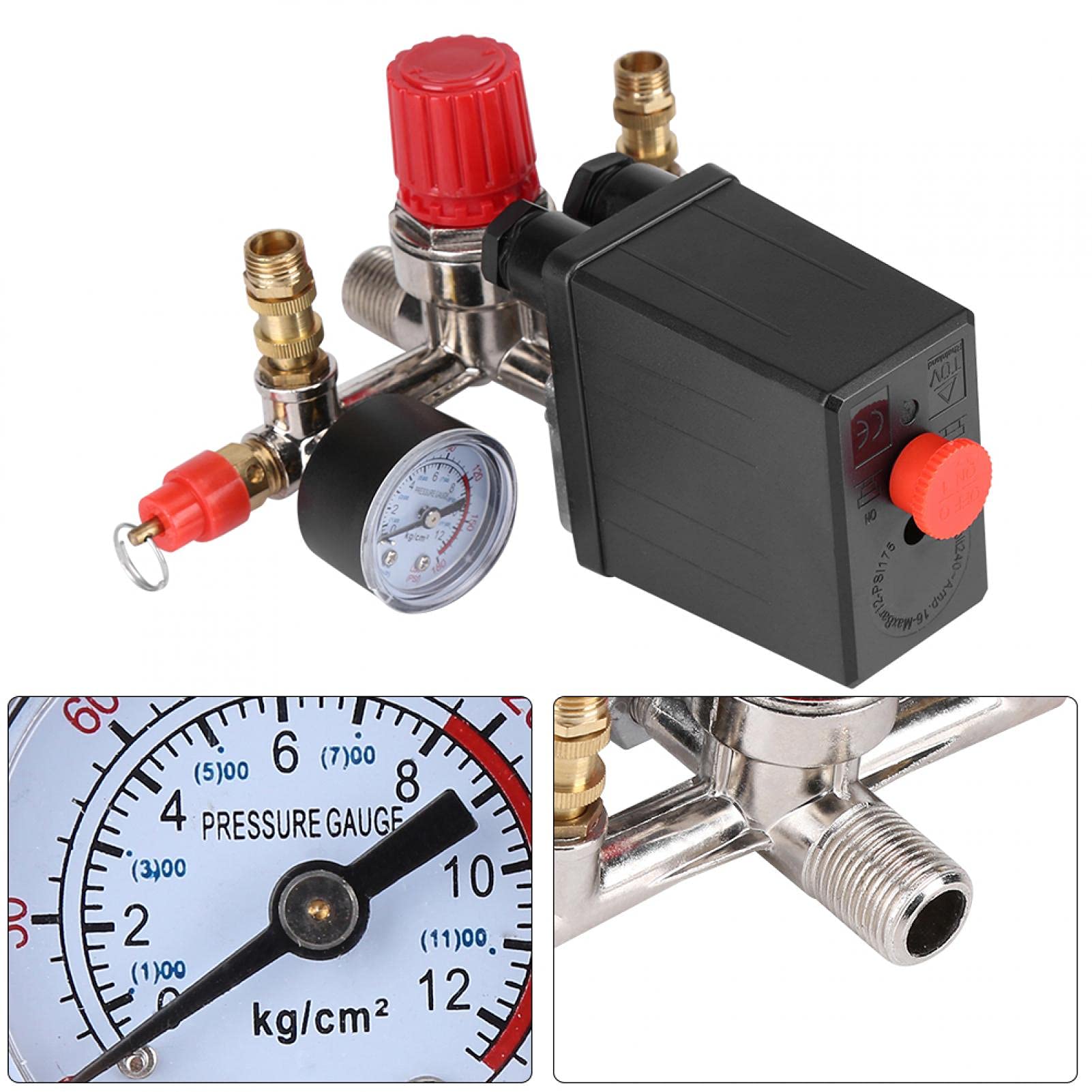 Compressore in miniatura, regolatore della valvola dell'interruttore di controllo della pressione del compressore d'aria 90-120 PSI con doppi manometri