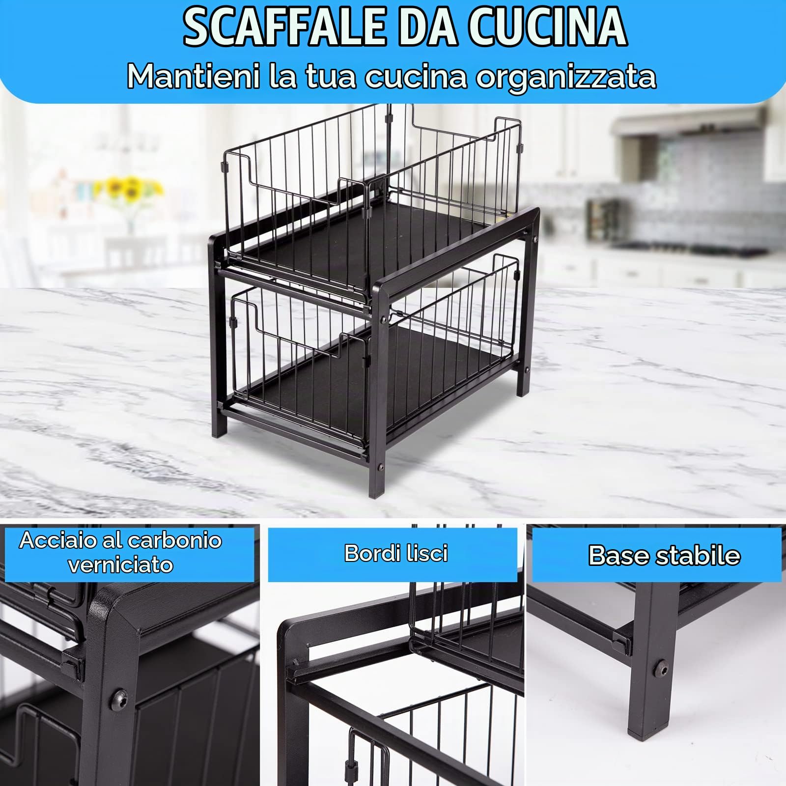 Organizer Sottolavello Cucina con 2 Cestelli Estraibili, Porta Detersivi Salvaspazio Organizzatore Sottolavello Cucina Organizer Cucina Dispensa