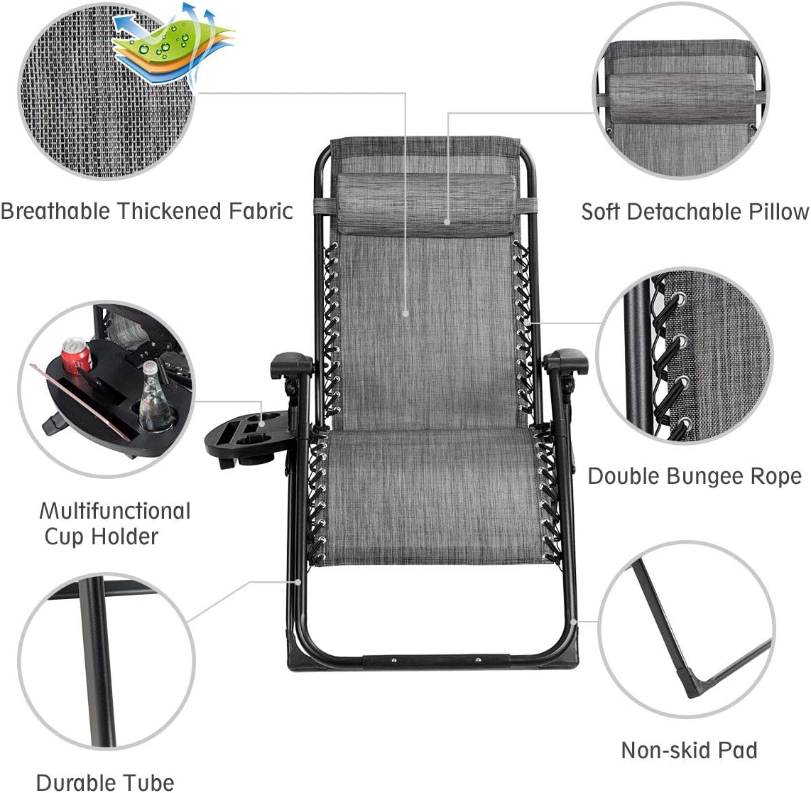 Goplus Oversized Zero Gravity Chair, XL-Extended Version, Outdoor Recliner w/Cup Holder & Detachable Headrest, Foldable Mesh Lounge Chairs for Patio Pool Porch & Deck, 500LBS (Gray)
