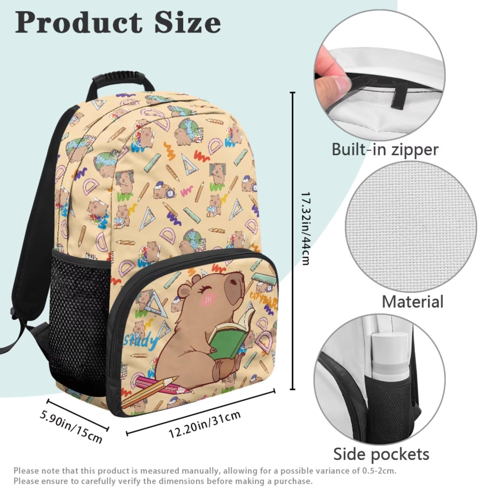Renewold 5-teiliges Schulranzen-Set für Mädchen, Rucksack für Kinder, Teenager, Rucksack mit Lunchbox, Federmäppchen, Lesezeichen, für Grundschule und Mittelschule, Niedliches Capybara-Schreibwaren