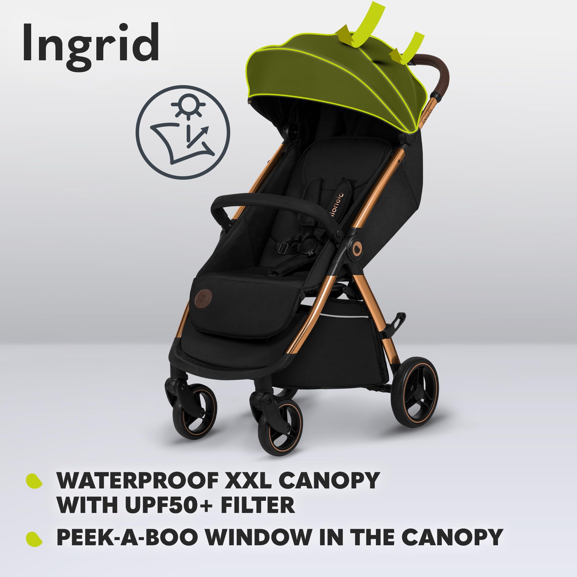Lionelo Ingrid Poussette légère et compacte de 6 mois à 22 kg, poussette à pliage automatique avec siège inclinable, suspension complète, roues EVA pivotantes à 360°, auvent XXL, poussette de voyage