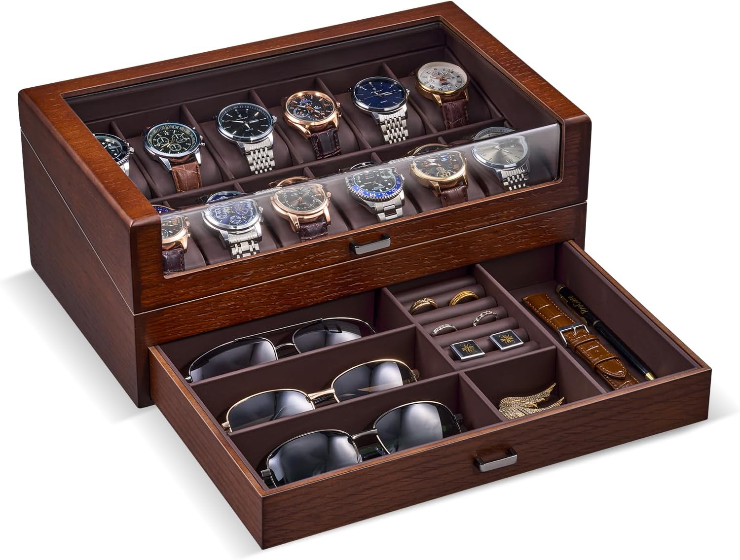 ProCase Wooden Watch Box for Men, Wood Watch Display Case with Glass Lid, Men's Jewelry Organizer Box with Drawer -12 Slot, Walnut