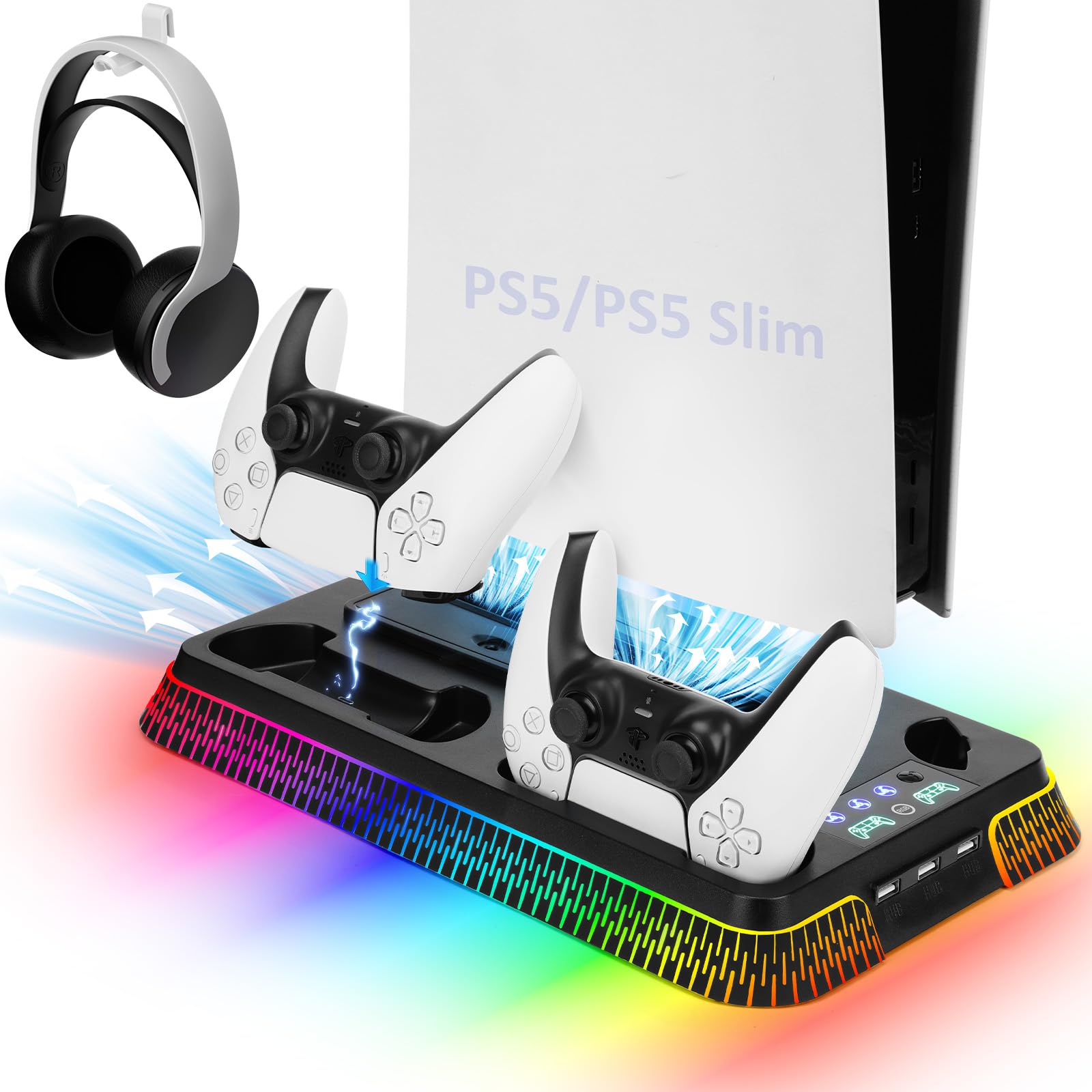 Supporto PS5 con Ventola di Raffreddamento & Luce RGB, Stazione di Ricarica Doppio Controller per PS5 & PS5 Slim Disc/Digital