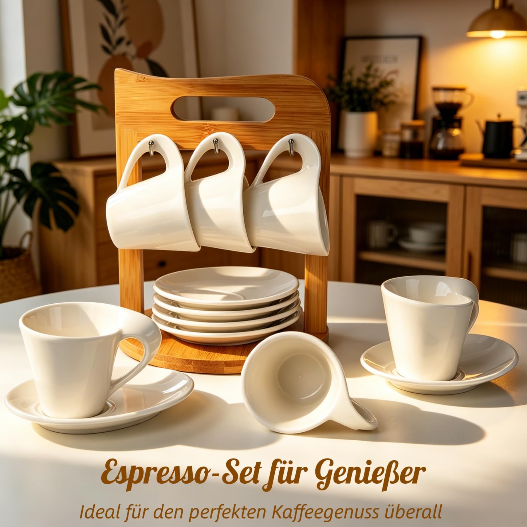 Lot de 6 Tasses Expresso à café avec soucoupes sur support, porcelaine, 80 ml, service à café pour 6 personnes tasse, a cafe avec support