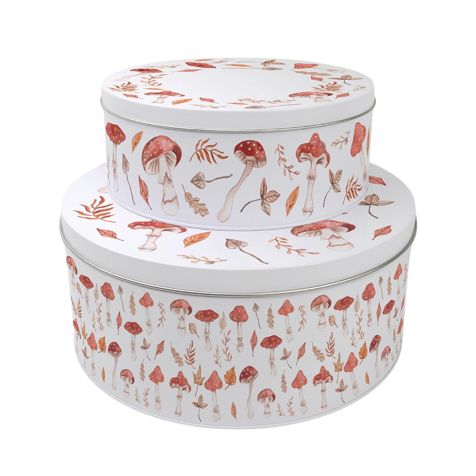 Purely Home Watercolour Mushrooms & Toadstools Set of 2 Cake Tins Gift - Woodland Nesting Round Large & Medium Metal Storage Containers for Baking