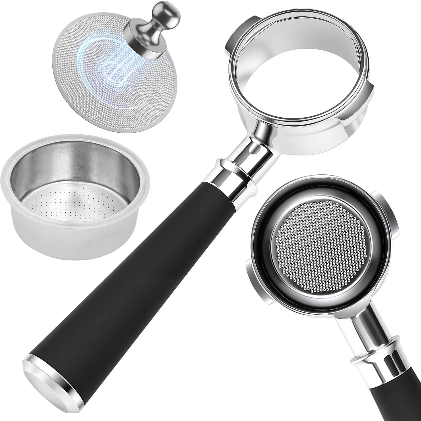 58 mm Bodenloser Siebträger mit 2 Ohren – Kompatibel mit Sage Dual Boiler/Oracle/Oracle Touch/Oracle Jet, inkl. 2 Puck Screens & Doppel‑Siebe