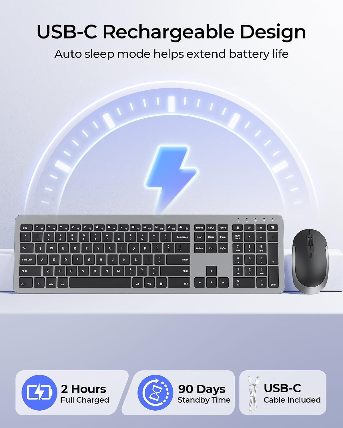 seenda Wireless Keyboard and Mouse Combo, Rechargeable Quiet Keyboard Mouse, Sleek and Ultra Thin Design, Full-Size with Number Pad for Windows, Laptop, PC, Notebook, Desktop- Gray & Black