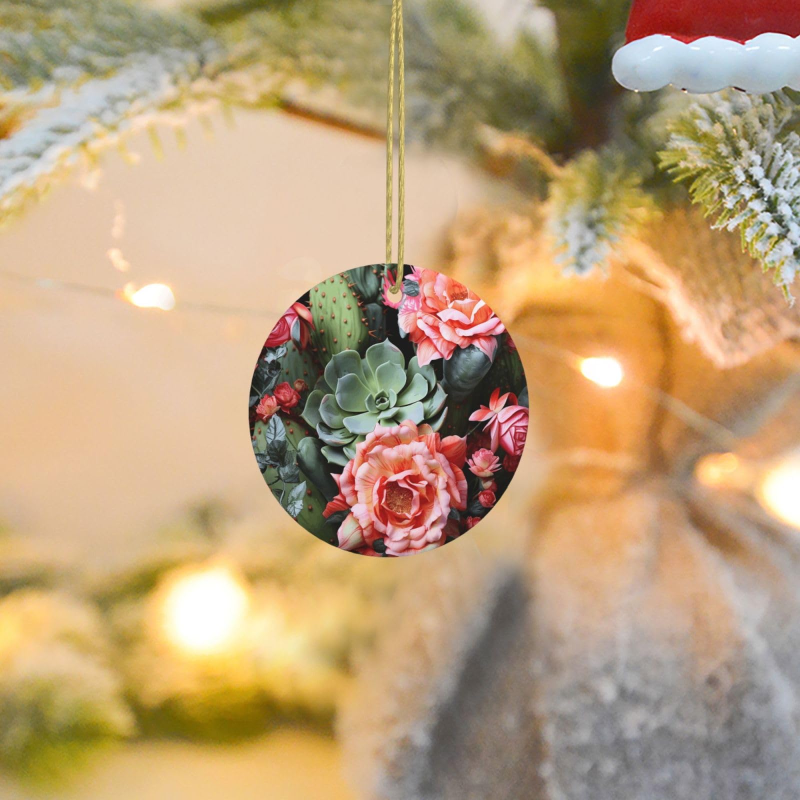 Christmas Ornaments for Christmas Tree Decoration Ceramic Hanging Roses Flowers and Cactus Ornament with Gold Ribbon Crafts Round Pendant for Keepsake Gifts Glass Xmas Decor Party Supplies