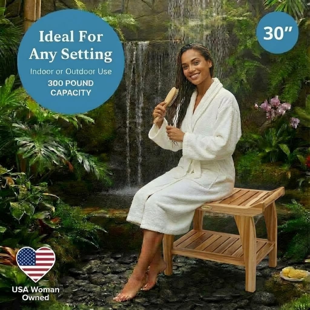 EcoDecors 30 Inch Tranquility Natural Color Waterproof Teak Wood Shower Bench Stool Seat Chair For Inside Shower Storage Shelf Provides Safety, Storage, and Organization For Bathroom Accessories