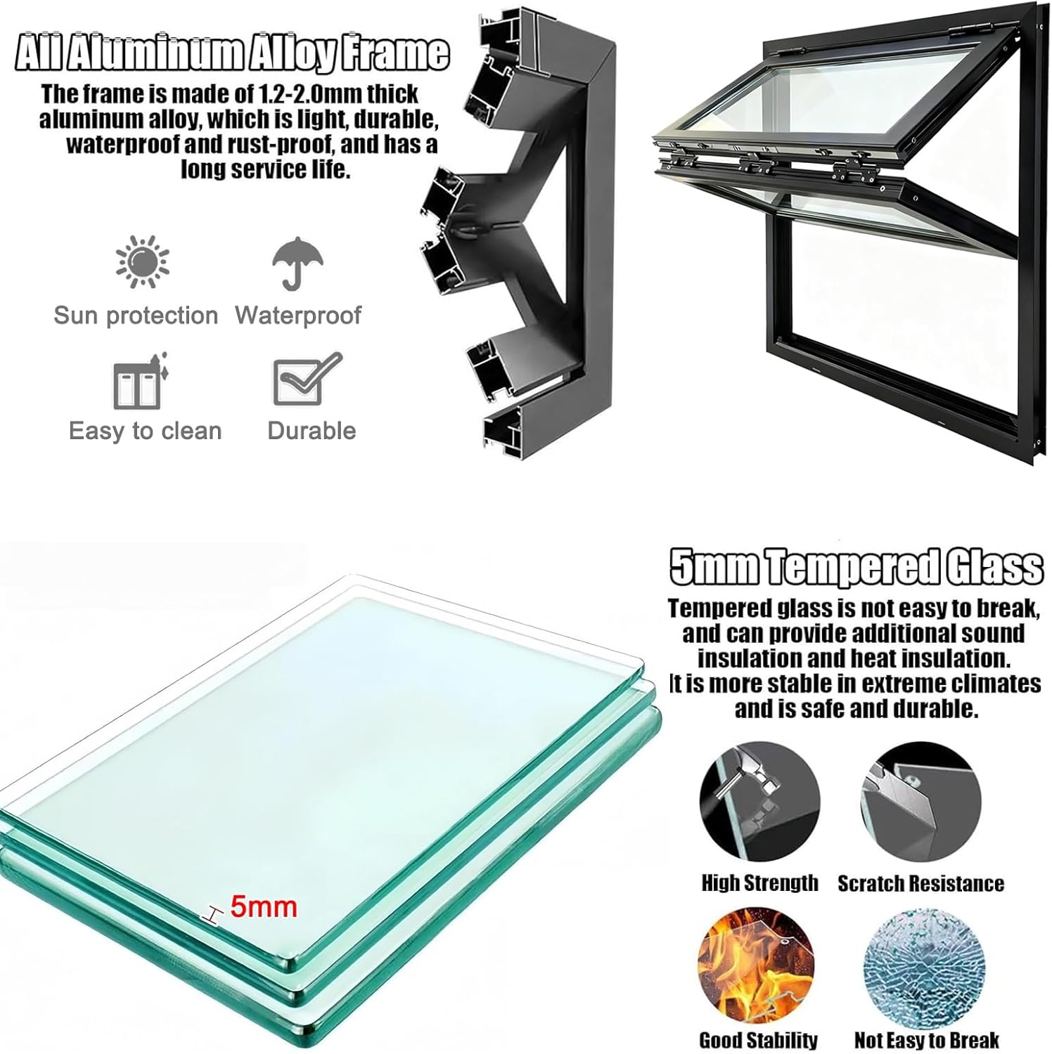 Up and Down Concession Window, Aluminum Replacement Windows with Sliding Glass/Screen, Vertical Sliding Double Hung Window for Food Trucks, Vending Stands, and Business Kitchens(White,W40 x H40in)