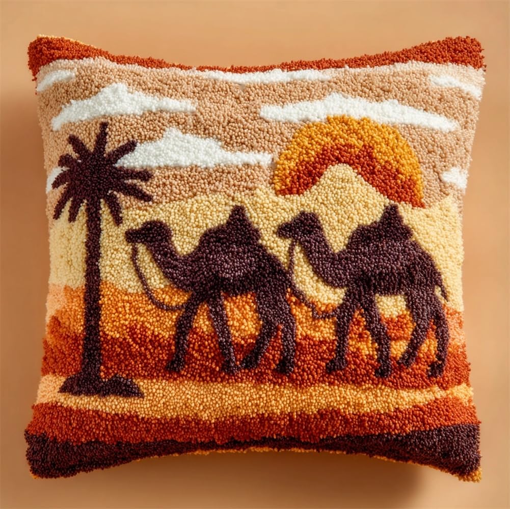 kitphoenix Latch Hook Kits Pillow Desert Camels Pattern DIY Handmade Cushion Crochet Yarn Embroidery Needlework Hook and Latch Kit Pillowcase Rug Cover Home Sofa Christmas Decoration 17X17Inch