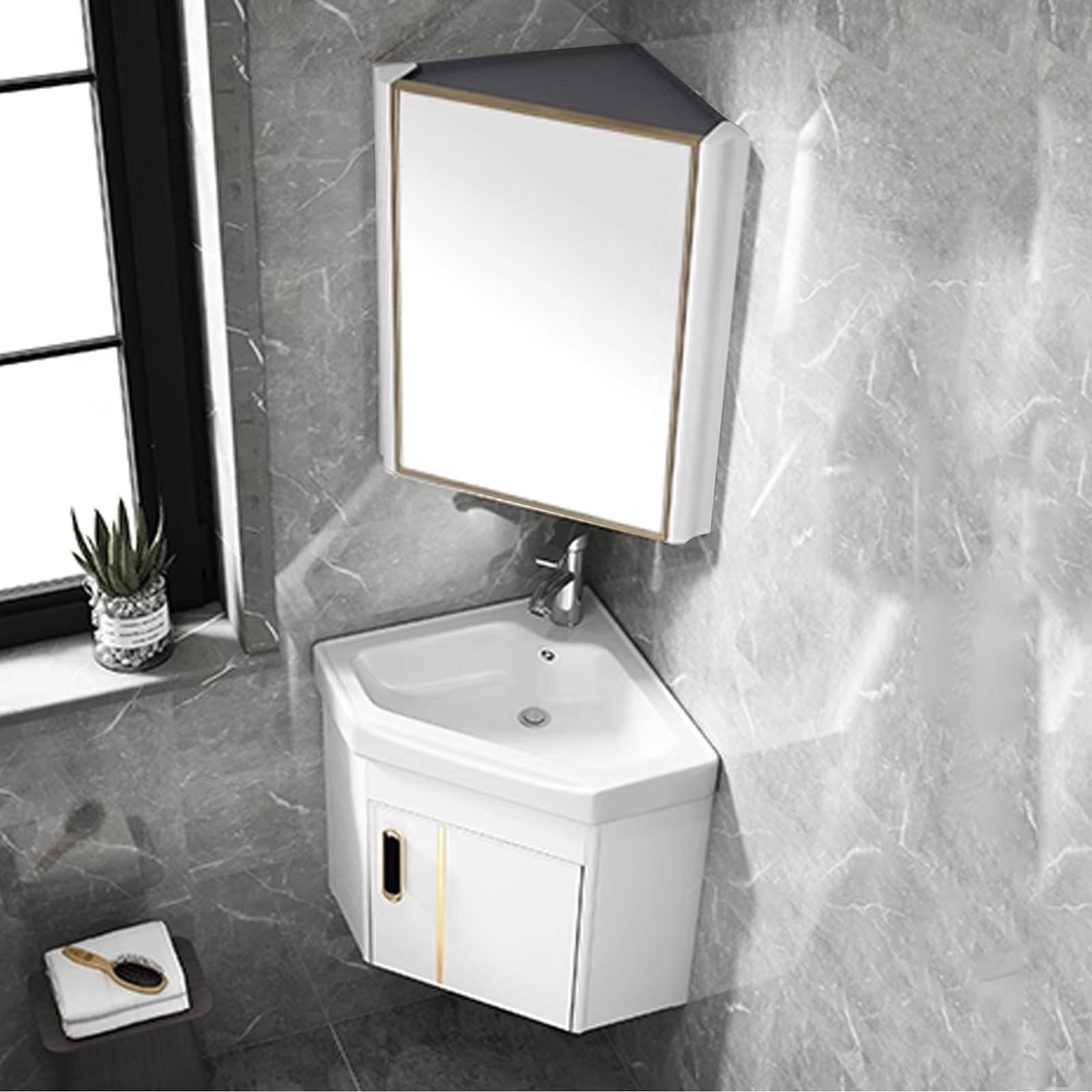 Armario de baño esquinero con espejo, tocador de pared con fregadero, grifo de calor y frío, ideal para baños pequeños, azul, 38 cm, blanco, 38 cm
