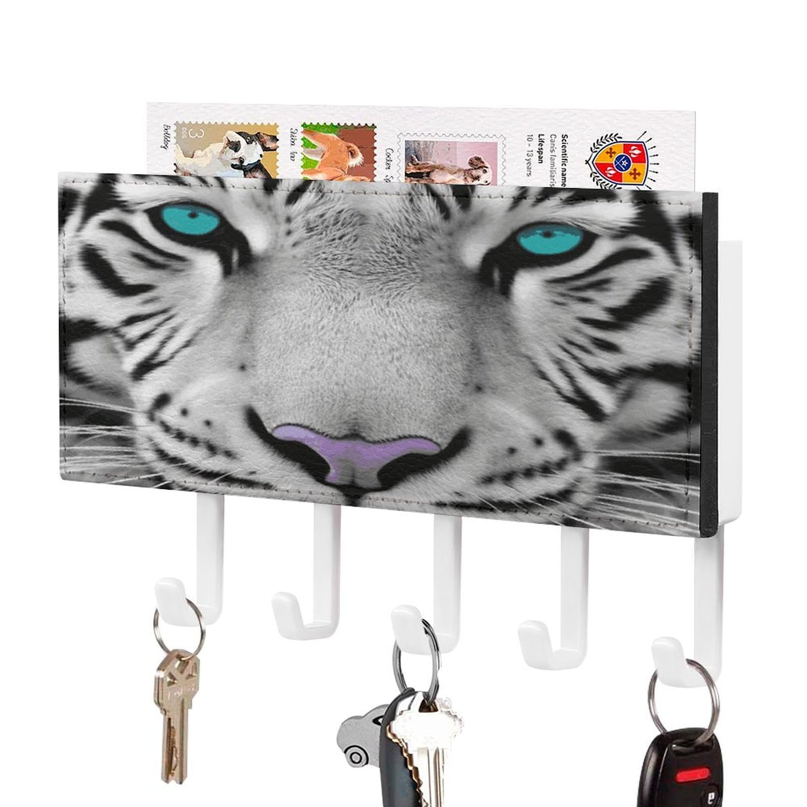LDGSUPH Tiger with Teal Eyes Key Holder Wall Mount Key Hanger with 5 Hooks Fashion Key Organizer Rack Hanging Key Hooks with Mail Organizer Key Rack for Home Entryway Hallway White-Style