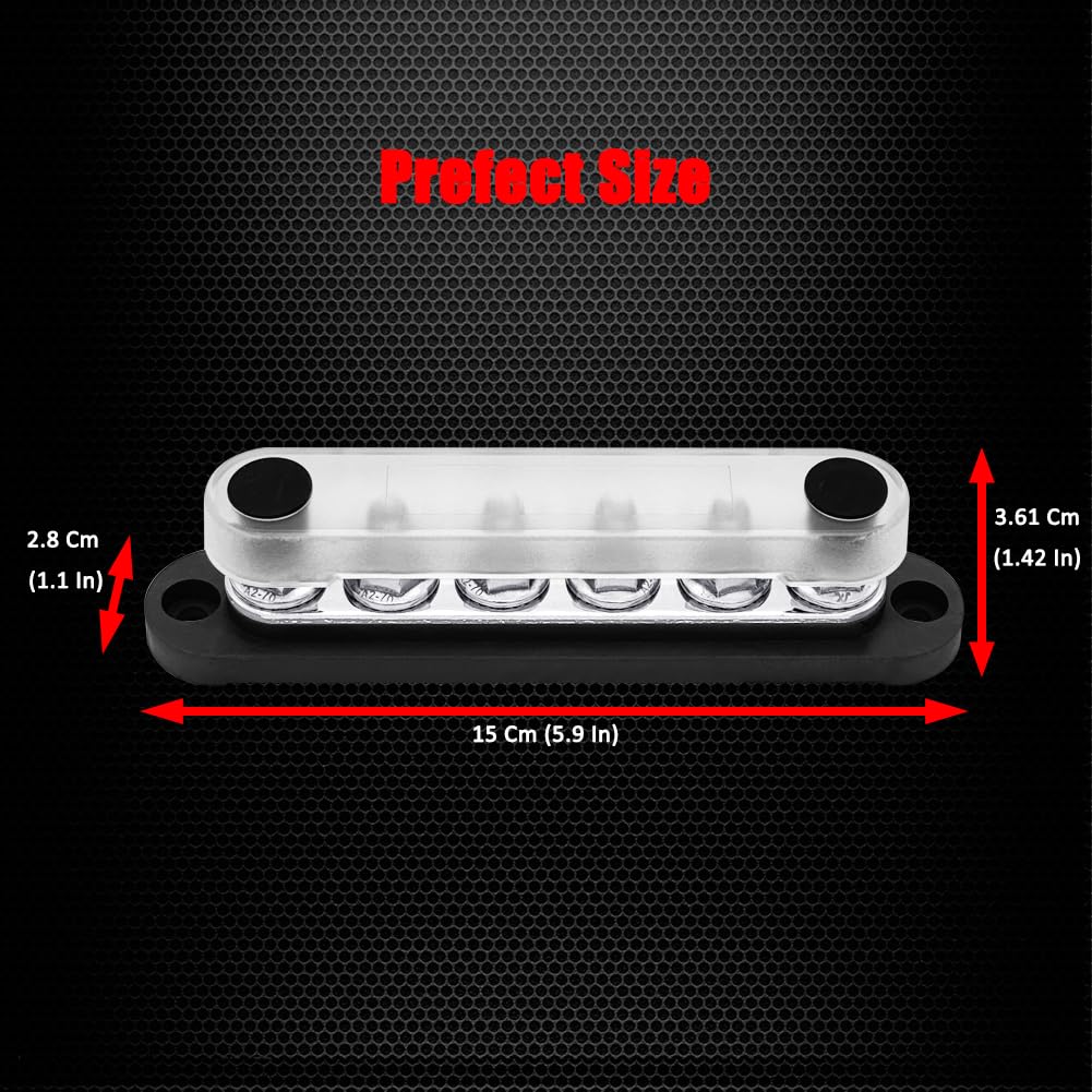 6 x 5/16" (M8) Studs Ground Distribution Block Bus Bar, Ampper 5.9" 12V 200A Battery BusBar with Cover for Auto, Boat and Solar (Black)