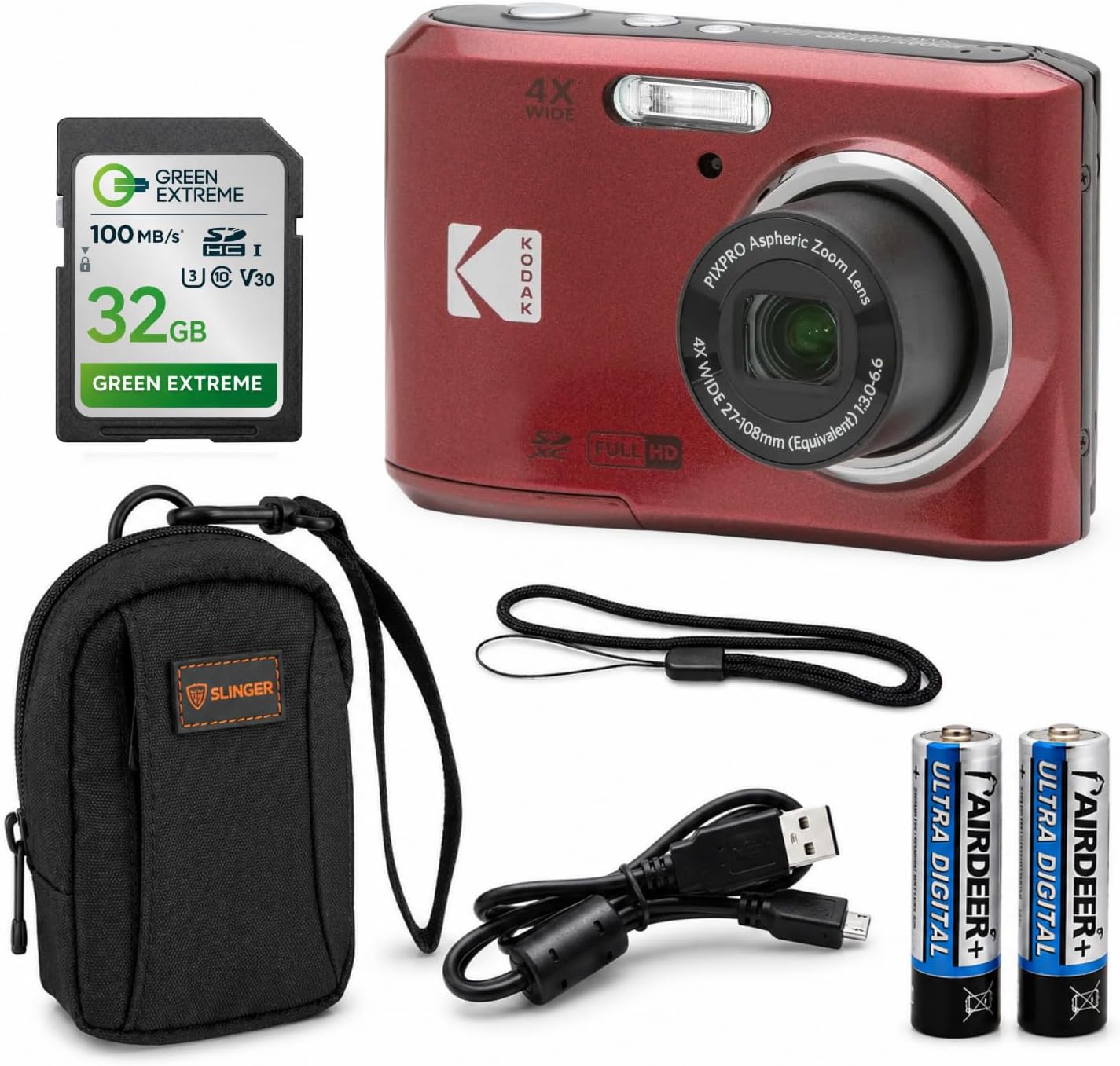 KODAK PIXPRO FZ45-BK 16MP Digital Camera 4X Optical Zoom 27mm Wide Angle 1080P Full HD Video 2.7" LCD Vlogging Camera, Bundle with Camera Case and 32GB SD Card (Red)